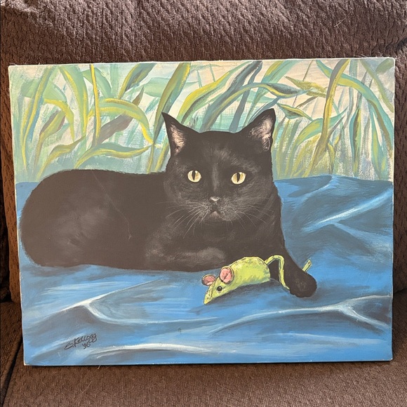 OOAK Vintage Original Black Cat Canvas Art - Picture 3 of 7
